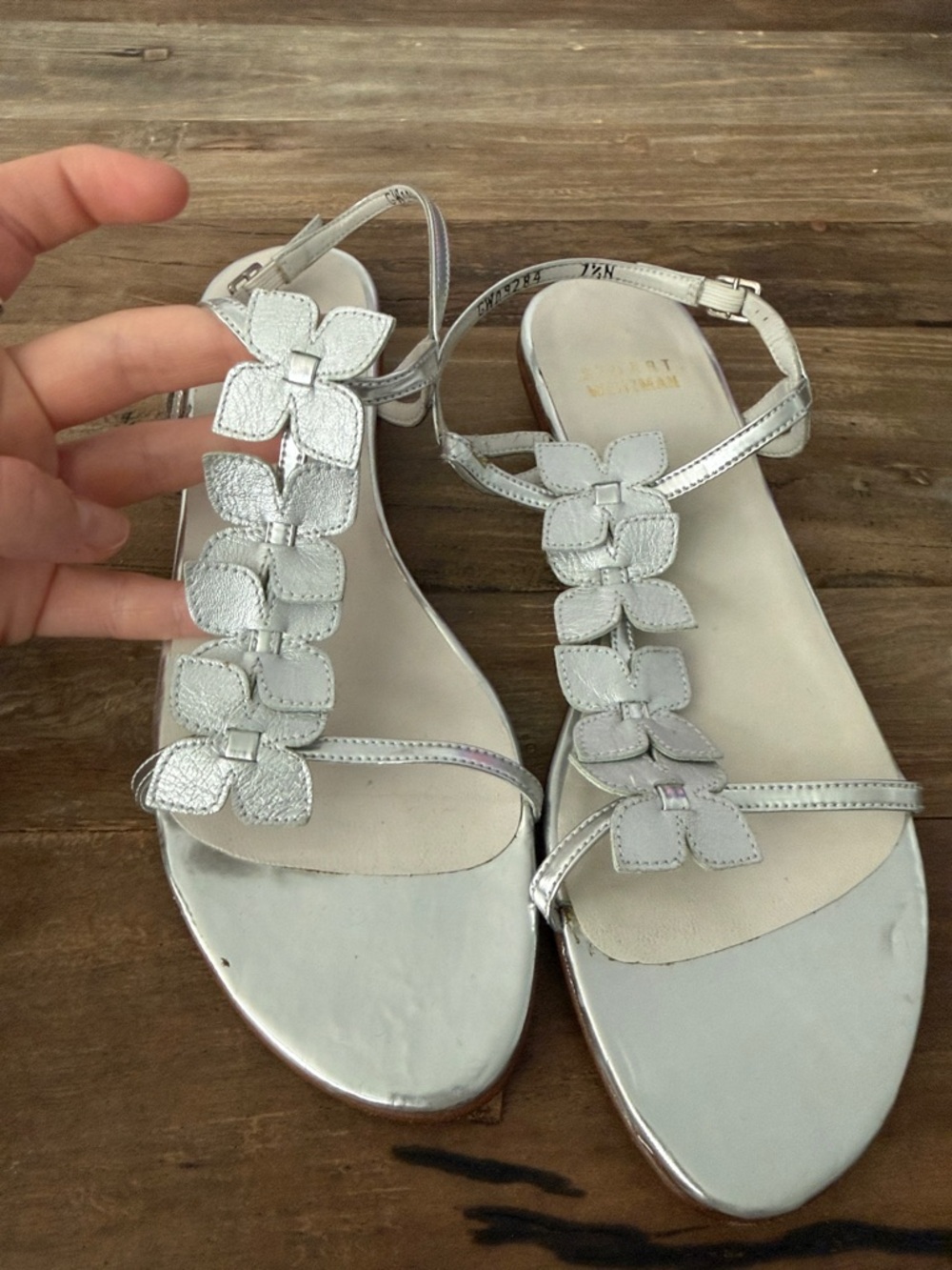 Stuart Weitzman Silver Floral T-Strap Sandals